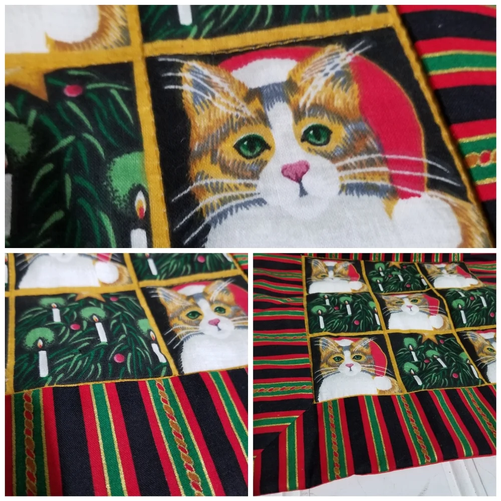 Vintage Cat Patchwork Throw Pillow Cover Set OS Christmas Holiday Red Green Gold